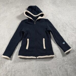 Kuhl Apres Jacket Girls XS 5-6 Blue Hooded Sherpa Lined‎ Full Zip Knit Winter